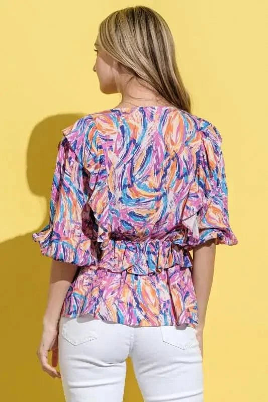 And The Why Printed Lantern Sleeve Blouse - SwagglyLife Home & Fashion